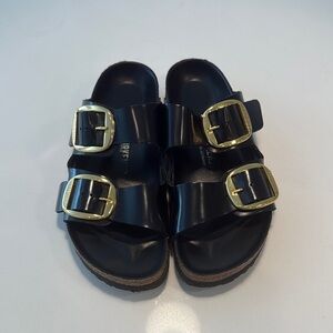 Black Birkenstock Sandals with Gold Buckles